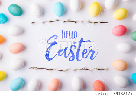 Hello Easter flat lay on a white background. 39182125