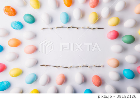 Eggs flat lay on a white background. Easter and 39182126