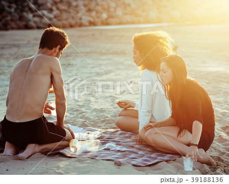 pretty diverse nation and age friends on sea coast 39188136