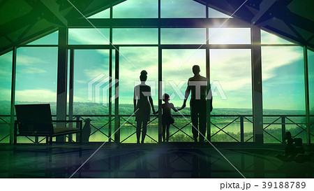 Silhouettes of a happy family on the veranda 39188789