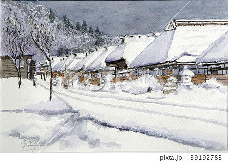 大内宿　雪景色　手書き　スケッチ 39192783