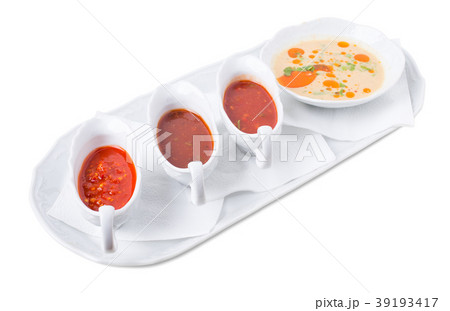 Chicken fillets and various sauces from tomato. Chicken fillets and various sauces from tomato. 39193417