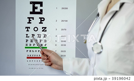 Eye doctor pointing at medical table with letters 39196042