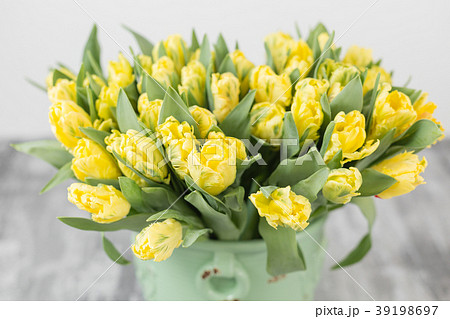 Tulips of yellow color in green vase. Big buds of 39198697
