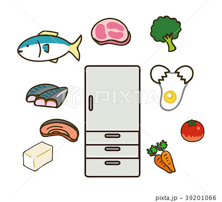 冷蔵庫と色んな食材のイラストのイラスト素材