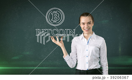 Lucky cute lady and bitcoin investment. Concept of 39206367