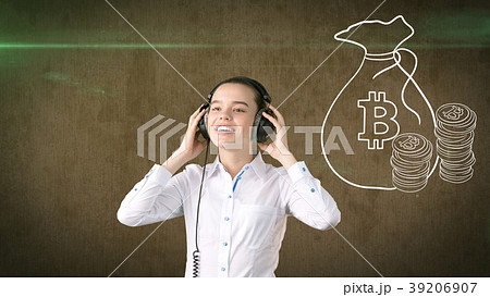 Lucky cute lady and bitcoin investment. Concept of Lucky cute lady and bitcoin investment. Concept of 39206907