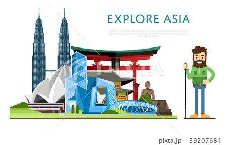 Explore Asia banner with famous attractions Explore Asia banner with famous attractions 39207684