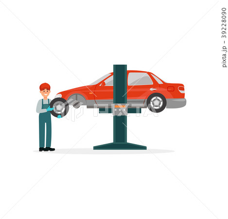 Auto mechanic in uniform repairing red car lifted Auto mechanic in uniform repairing red car lifted 39228090
