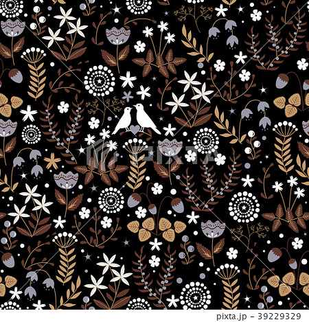Floral seamless pattern with cute birds couple  39229329