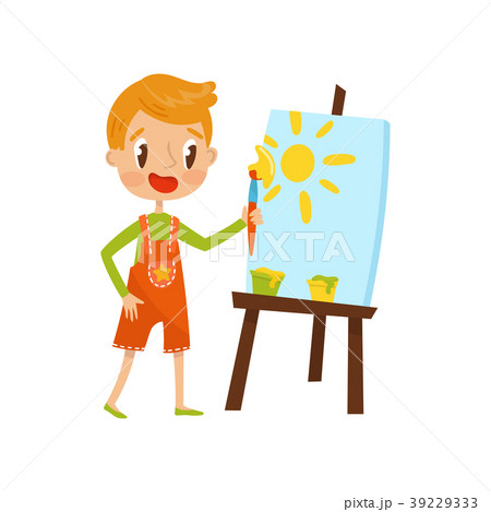 Cute little boy painting sun on an easel, kids 39229333