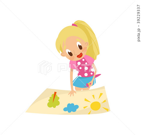 Lovely blonde little girl making paper application 39229337