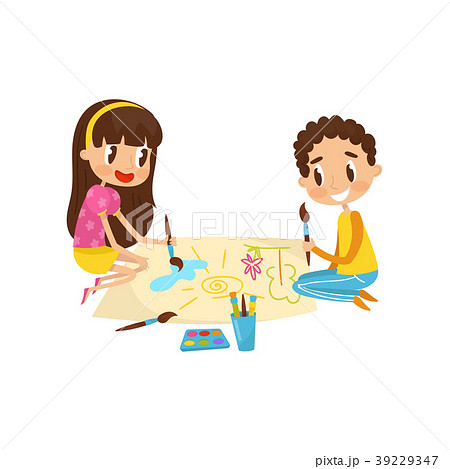 Cute little kids sitting on the floor and drawing 39229347