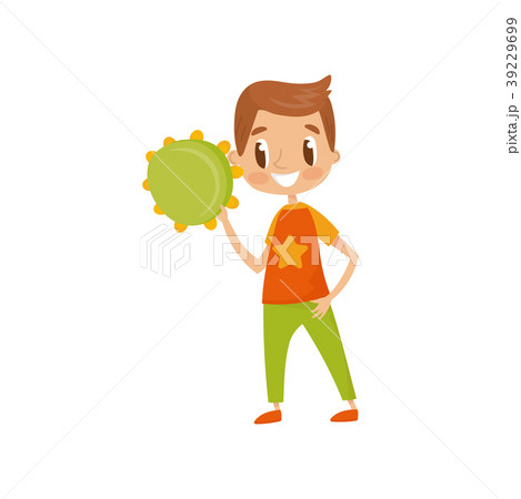 Boy playing tambourine, little musician character 39229699