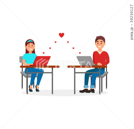 Young man and woman in love chatting using laptop Young man and woman in love chatting using laptop 39230127