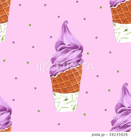 Watercolor Violet Ice Cream Cone Seamless Pattern 39235626