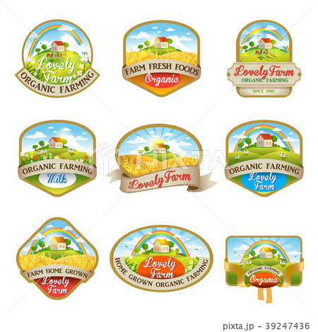 Labels with the image of a lovely farm 39247436