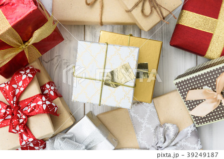 Christmas ornament brown and colorful gift boxes o 39249187