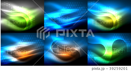 Set of neon glowing waves and lines, shiny light 39259201