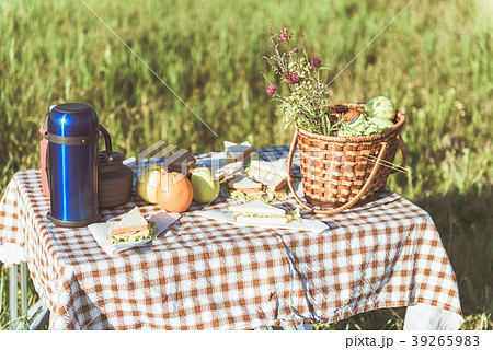 Tasty food for picnic on desk in meadow 39265983