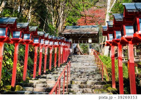 京都 貴船神社 石段灯籠の写真素材