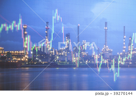 Oil refinery with candlestick graph background Oil refinery with candlestick graph background 39270144