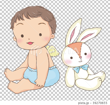 Toddler and rabbit doll sitting on the ground 39270655