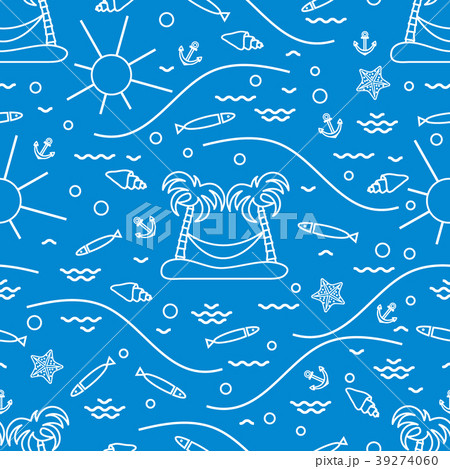 Cute seamless pattern with fish, island with palm Cute seamless pattern with fish, island with palm 39274060