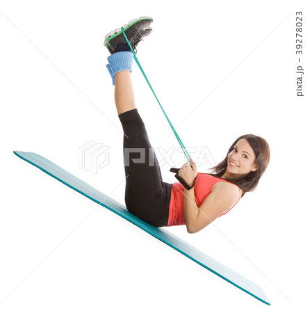 young female with fitness expander in stretching 39278023