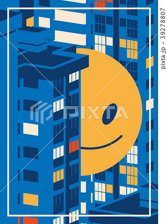 Nigth cityscape and giant smiley emoji between the Nigth cityscape and giant smiley emoji between the 39278807