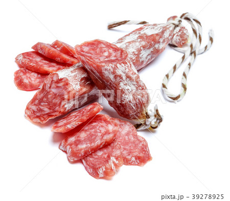 Dried organic salami sausage on white background Dried organic salami sausage on white background 39278925