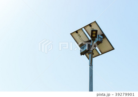 Street lamp with solar cell panel on blue sky Street lamp with solar cell panel on blue sky 39279901