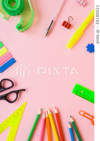 stationery flat lay on pale pink background 39280021