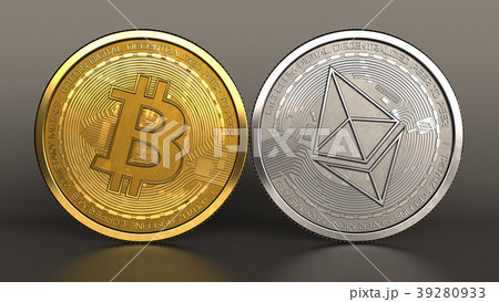 3d illustration of bitcoin and ethereum coins 3d illustration of bitcoin and ethereum coins 39280933