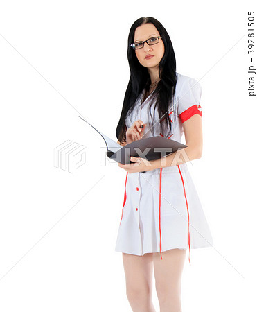 female doctor standing with clipboard over white 39281505