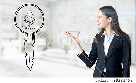 Ethereum sketch with young businesswoman in a suit 39283455