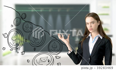 Ethereum sketch with young businesswoman in a suit 39283469