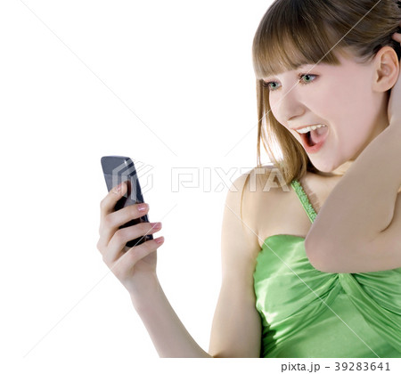 Bright picture of happy woman with cell phone Bright picture of happy woman with cell phone 39283641