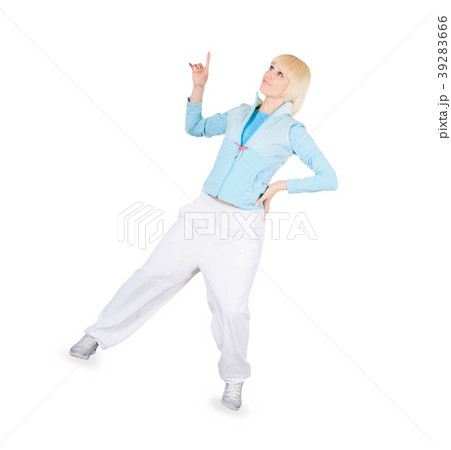 Teenager dancing breakdance in action over white Teenager dancing breakdance in action over white 39283666