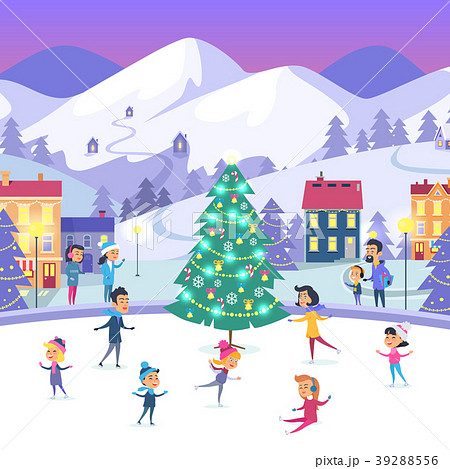 People of Different Ages Skating on Ice in Town 39288556