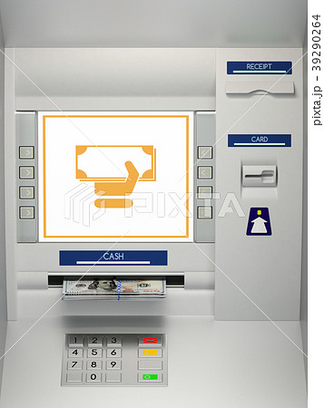 ATm machine with banknotes in the money slot 39290264