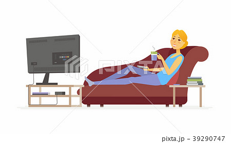 Woman Watching Tv Cartoon People Characterのイラスト素材