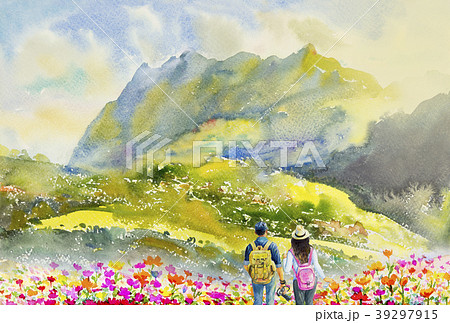 Tourist and backpack. Watercolor painting 39297915
