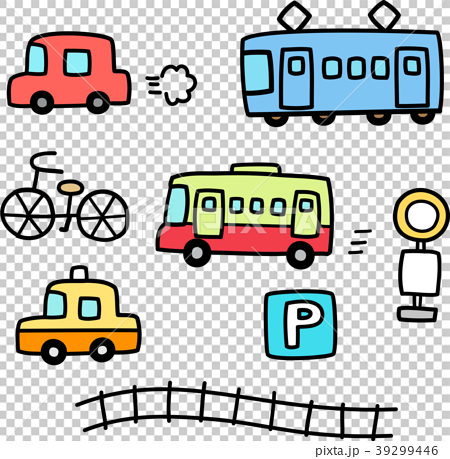 車と電車の手書きイラストセットのイラスト素材