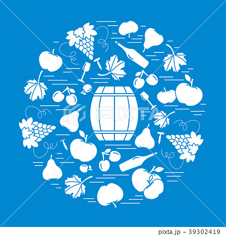 Autumn symbols in circle Barrel, corkscrew, wine 39302419