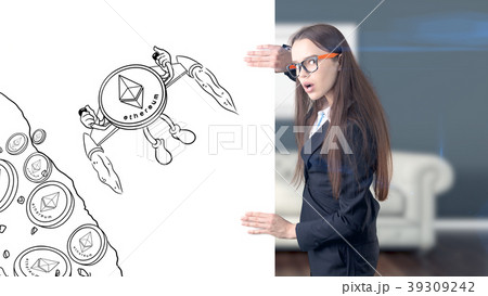 Ethereum sketch with young businesswoman in a suit 39309242