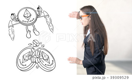 Ethereum sketch with young businesswoman in a suit 39309529
