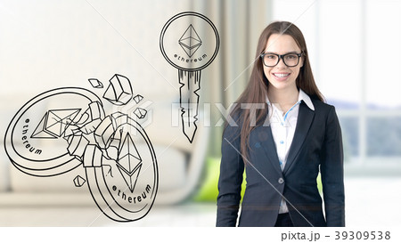 Ethereum sketch with young businesswoman in a suit 39309538