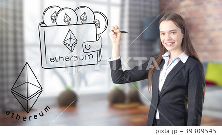 Ethereum sketch with young businesswoman in a suit 39309545