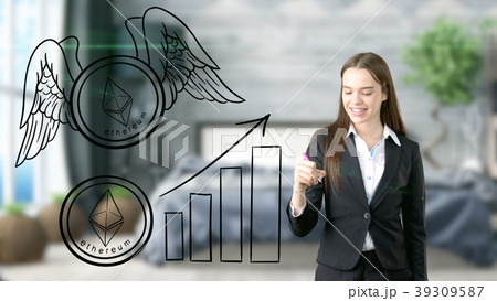 Ethereum sketch with young businesswoman in a suit 39309587